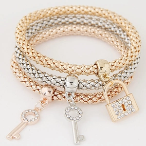 Three-piece stretch popcorn chain bracelet set with tree of life and crystal charms