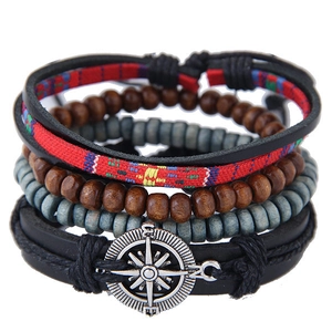 Vintage bohemian multilayer leather bracelet set with wooden beads and compass charm