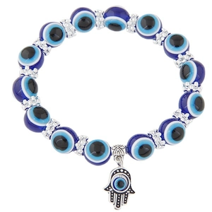 Blue Evil Eye beaded bracelet with Hamsa Hand charm on white background for women