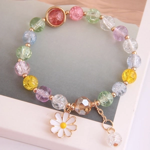 Süße Gänseblümchen Perlenarmband Mit Crackle-Perlen Und Emaille-Anhänger Harz Legierung Verstellbarer Schmuck Für Damen Mädchen