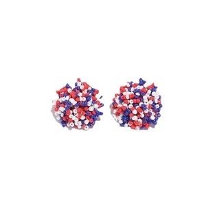 Bohemian style beaded stud earrings with red, white, and blue seed beads in a sphere shape