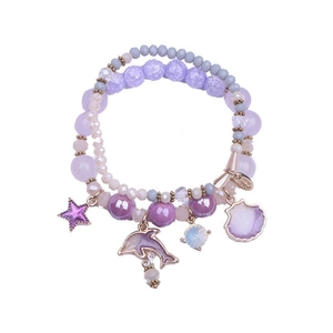 Dreilagiges lila Kristallperlen Armband-Set mit Stern-, Delfin- und Muschelanhängern