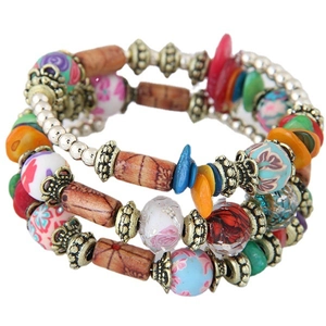 Multilayer Bohemian stretch bracelet featuring turquoise, shells and colorful crystals