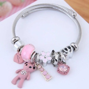 Alloy Steel Wire Charm Bangle Bracelet With Cute Bear Heart Flower Beads Rhinestone Adjustable For Women Girls