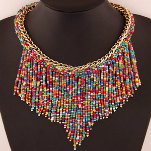 Bohemian Ethnic Statement Necklace Alloy Gold Chain Multi Layer Colorful Seed Bead Fringe V Shape Jewelry For Women