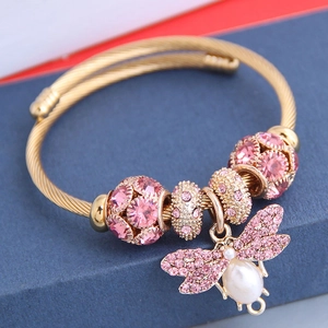 Bracelet ajustable en acier inoxydable avec pendentif abeille, strass roses et perle