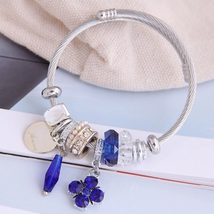 Women Charm Bangle Bracelet Stainless Steel Wire Alloy Rhinestone Faux Artificial Pearl Crystal Floral Clover Pendants Adjustable
