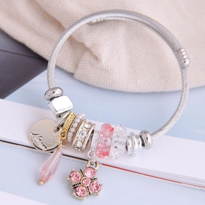 Silver woven bracelet with Mama charm, pink crystal pendant and four-leaf flower beads