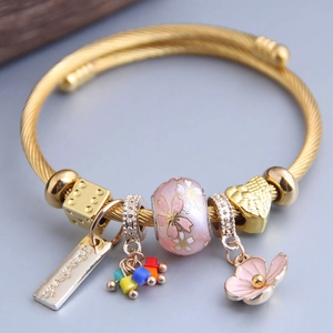Bracelet À Breloques En Fil D'acier Alliage Strass Émail Bracelet Ouvert Réglable Bijoux De Mode Pour Femmes