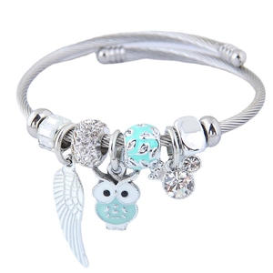 Charm Bangle Bracelet Alloy Steel Wire Owl Feather Wing Rhinestone Enamel Multiple Element Personal Accessories Women