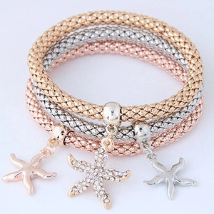 Alloy Popcorn Mesh Chain Elastic Bracelets Gold Silver Rose Gold With Rhinestone Heart Star Elephant Crown Dangle Pendants Women