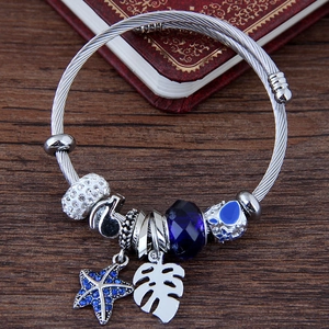 Bracelet Jonc En Fil D'acier Inoxydable Alliage Étoile De Mer Pendentifs Feuilles Perles DIY Strass Bijoux Thème Océan