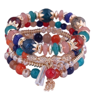 Bohemian multilayer beaded bracelet set with crystal stones and tassel charms