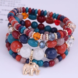 Bohemian multi-layer colorful beaded bracelet set with a detailed gold elephant charm