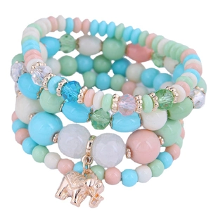 Multilayer colorful beaded bracelet set with a golden elephant charm on white background