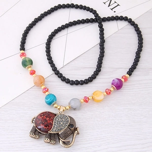 Vintage Bohemian Elephant Pendant Long Necklace With Alloy Rhinestone And Resin Beads For Women Ethnic Style Accessory