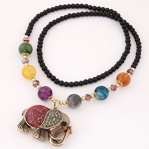 Bohemian retro elephant pendant long necklace with colorful glass beads and vintage charm