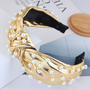 Fashion Wide Metallic Faux Leather Knotted Headband With Faux Artificial Pearls Elegant Hair Band For Women