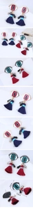 Detail view of Evil Eye tassel earrings with crystal fringe in green and pink options