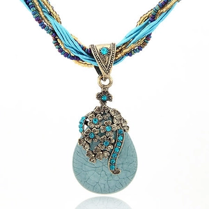 Bohemian Retro Teardrop Pendant Long Necklace For Women Ethnic Style Hollow Flower Alloy Rhinestone Sweater Chain Multi Strand Beads Travel Jewelry