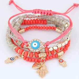 Bohemian multi-layer beaded bracelet with Evil Eye, Hamsa hand, and heart charms