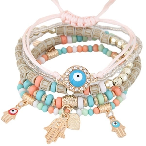 Bohemian multi-layer evil eye and hamsa hand beaded bracelet set in colorful resin