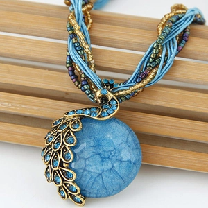 Bohemian Vintage Peacock Pendant Necklace Alloy Resin Cracked Gemstone Seed Beads Multi Strand Ethnic Jewelry Women