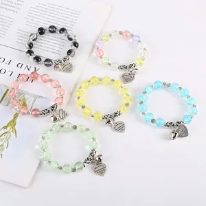 Bohemian Vintage Beaded Bracelet For Women With Alloy Heart Pendant Bell And Crackle Glass Beads Romantic Style