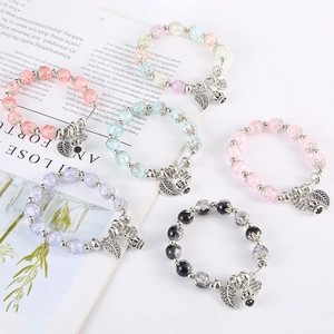 Bracciale in Perline di Vetro Crackle Retrò Boemo per Donna con Ciondoli a Corona Foglia Cuore in Lega Gioielli Etnici Elastici