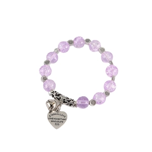 Bohemian purple crystal beaded bracelet with vintage silver pendants and heart charm