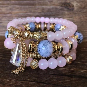 Bohemian multilayer beaded bracelet set with pink crystals and blue marble stones