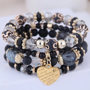 Boho multilayer beaded bracelet set with heart charm and tassel in vintage style