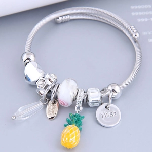 Adjustable Steel Wire Charm Bracelet With Enamel Pineapple Heart Pendant Alloy Crystal Beads Jewelry For Women
