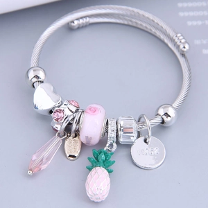 Adjustable silver wire bracelet with pineapple pendant and pink crystal beads