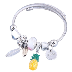 Silver twisted cable bracelet with pineapple charm, heart pendant and crystal beads