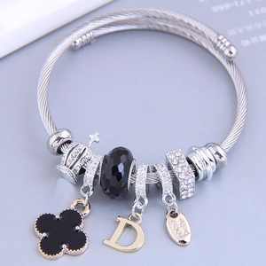 Stainless Steel Wire Rope Bracelet With Clover And Crown Charm Rhinestone Beads Adjustable Fashion Bangle For Women