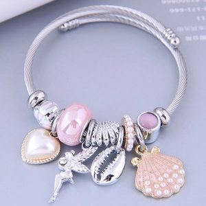 Bracelet À Breloques En Acier Inoxydable Pour Femmes Avec Pendentifs Fée Cœur Coquillage Et Künstliche Perles Artificielles
