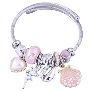 Bracelet à breloques en acier inoxydable avec perles roses et pendentifs coquillages