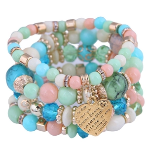 Bohemian multi-layer beaded bracelet set with heart charm and multi-language engraving