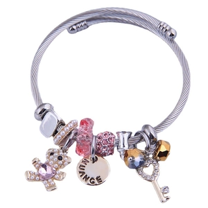 DIY crystal beaded bracelet with pearl bear and heart key charms in stainless steel