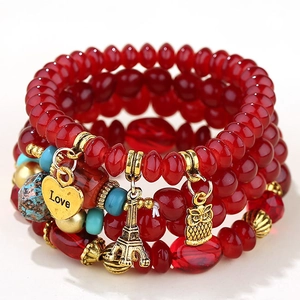 Bohemian multilayer red beaded bracelet with gold Love heart, tower and owl charms