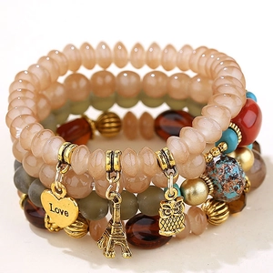 Multilayer beaded bracelet with gold Love heart, Eiffel Tower, and owl charms