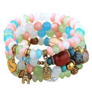 Bohemian multi-layer elastic beaded bracelet with owl heart and Eiffel Tower charms