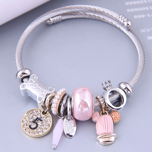 Bracelet Jonc Réglable En Fil Acier Inoxydable Alliage Strass Chiffre 5 Os De Chien Cactus Breloques Bijoux De Mode Femme