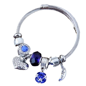 Bohemian beaded stainless steel bracelet with blue crystals and moon heart charms