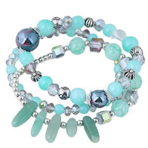 Bohemian multilayer turquoise beaded bracelet with natural stone charms and silver spacers