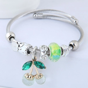 Silver stainless steel cherry charm bracelet with crystal beads and braided wire band