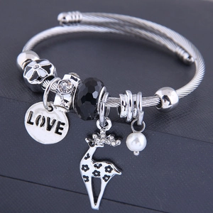 Silver stainless steel deer bracelet with love charm and crystal beads on dark background