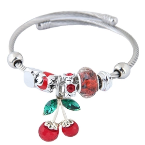 Fashion Sweet Cherry Pendant Beaded Bracelet For Women Stainless Steel Alloy Crystal Rhinestone Charms Rope Chain Jewelry Gift