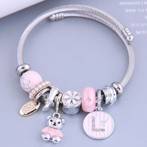 Stainless Steel Wire Open Bangle Bracelet With Cute Bear Enamel Flower And Rhinestone Letter Charms For Women Sweet Jewelry